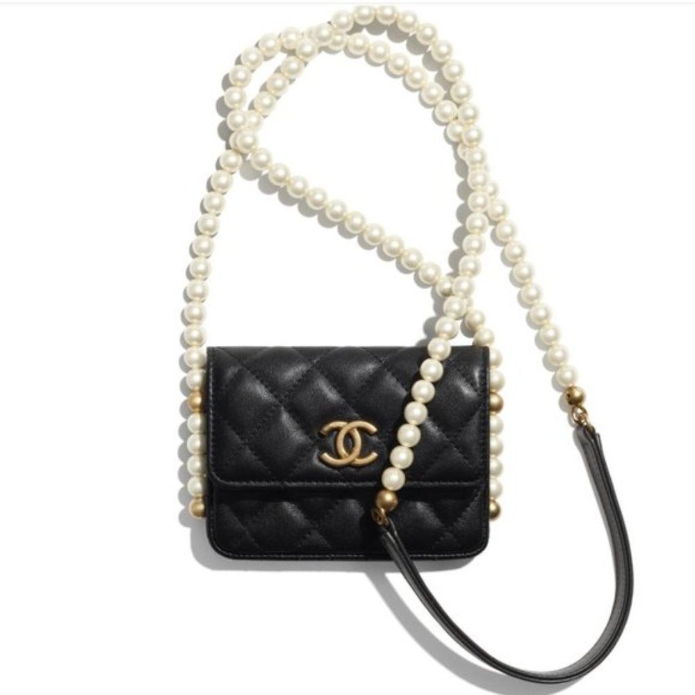 Chanel Mini Clutch Bag Flap Card Holder with pearls chain NEW